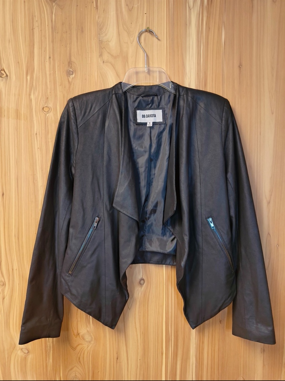 BB Dakota Black Leather Open Front Jacket, Size Small